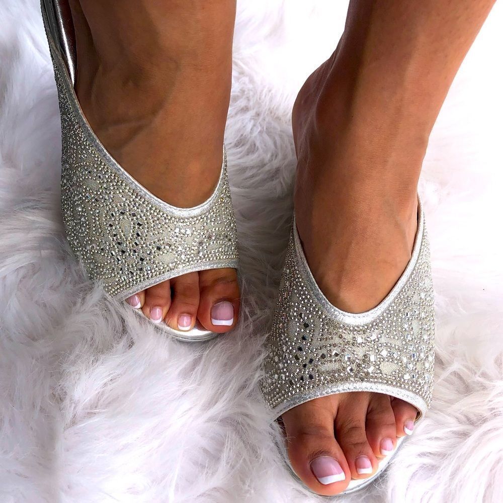 Elegant Silver Rhinestone Wedge Heel Sandal Perfect for Weddings 6 8.5
